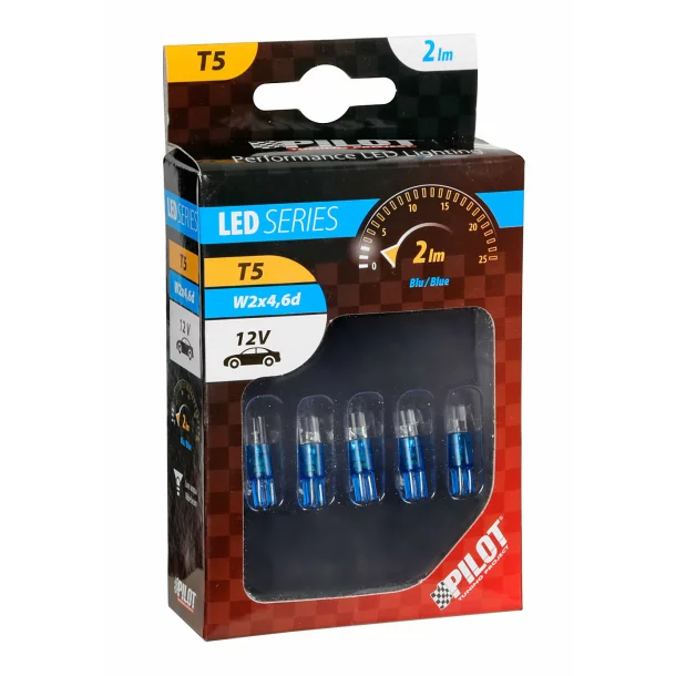 12V-os T5 W2x4,6D műanyag foglalatos LED-égő - 5 darabos - Kék