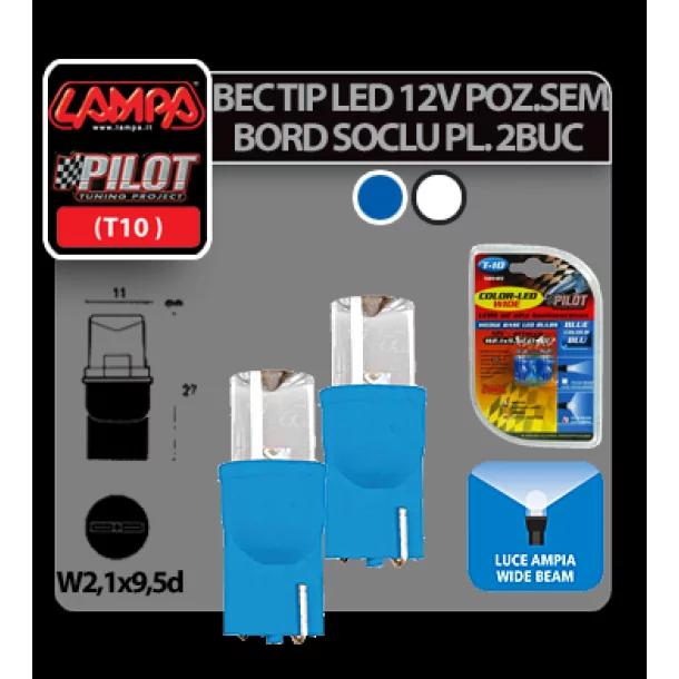 Bec tip LED 12V soclu pl. T10 W2,1X9,5d 2buc Albastru dispersat