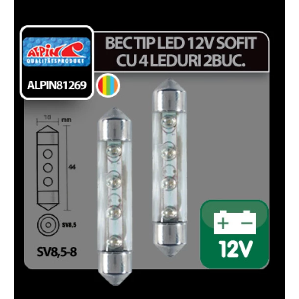 Bec tip LED 12V sofit cu 4 leduri 10x44mm SV8,5-8 2buc - Curcubeu