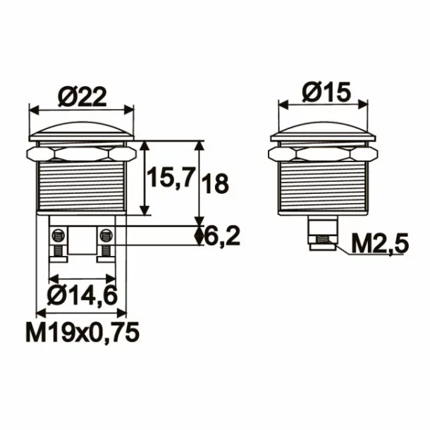 Buton 1 circuit 2A-250V OFF-(ON), metal