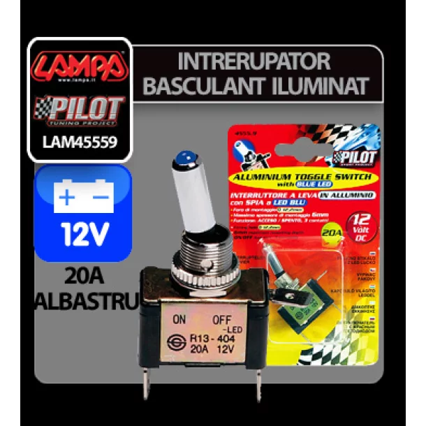 Intrerupator basculant cu LED, 2 terminale 12V - 20A - Albastru