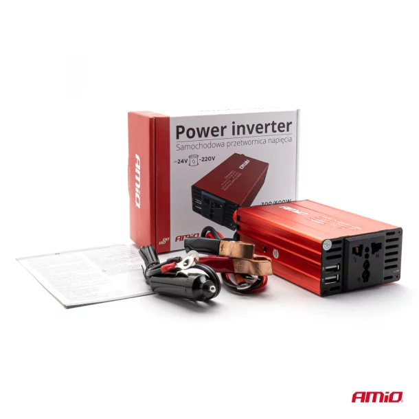 Áram inverter 24V-ról 220V-ra, 300/600W, 2xUSB, Amio