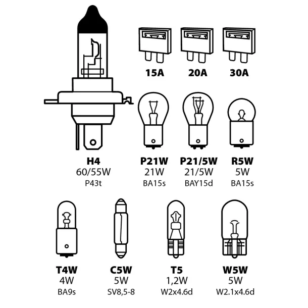 Kit becuri si sigurante 11buc, 12V - halogen H4 P43