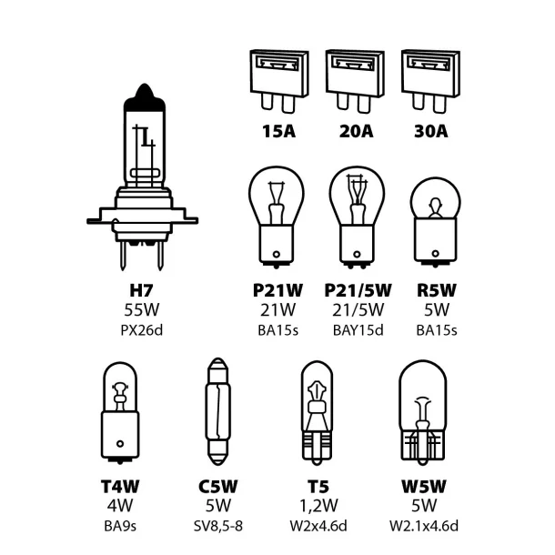 Kit becuri si sigurante 11buc, 12V - halogen H7