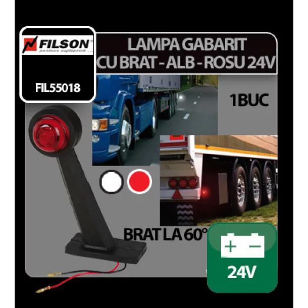 Lampa gabarit camion cu brat 60° cu bec 24V Filson - Alb/Rosu