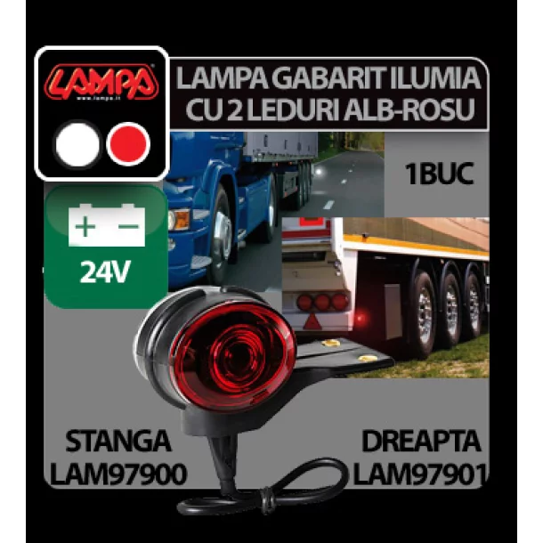 Lampa gabarit camion Ilumia cu 2 LED-uri 24V - Alb/Rosu - Stanga