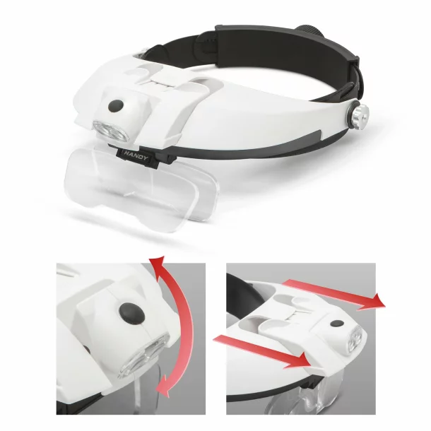 Headband magnifying glass with LED light, with double lens