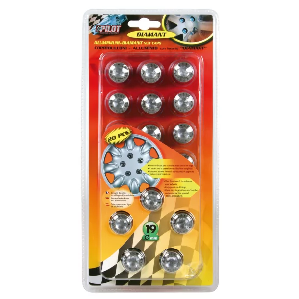 Diamant nut caps, 20pcs - Hex 17mm - Chrome - Resealed