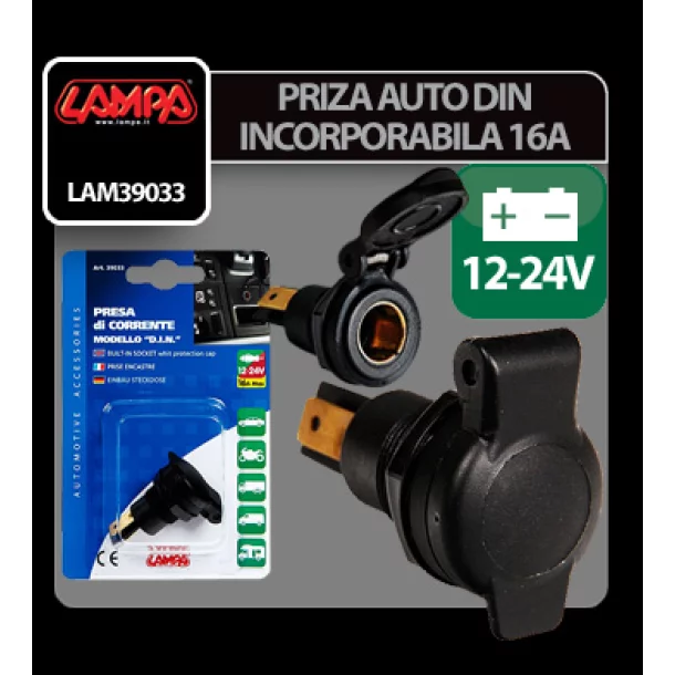 Priza auto incorporabila DIN - 12/24V 16A - Lampa - Resigilat