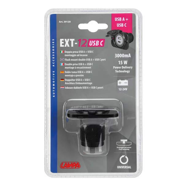 Ext-12, flush mount double Usb A + Usb C port, 12/24V