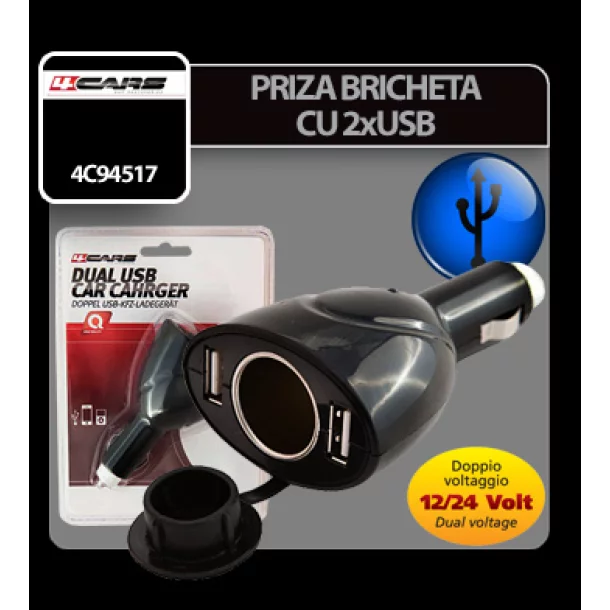 Priza bricheta cu 2xUSB 12/24V 4Cars