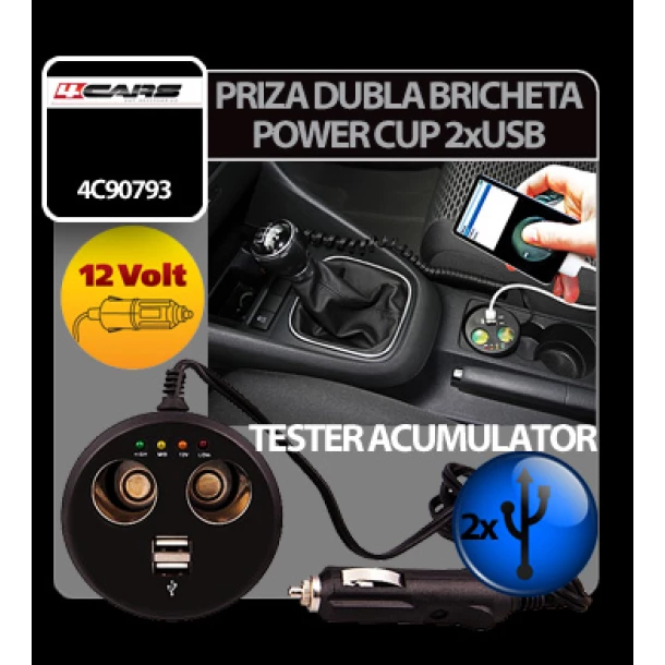 Priza dubla Power Cup la bricheta cu tester acum. + USB 12V 4Cars