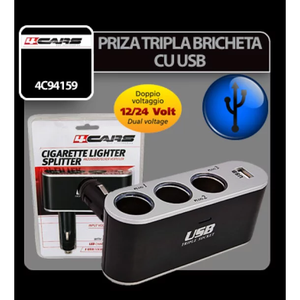 Priza tripla bricheta cu USB 12/24V 4Cars