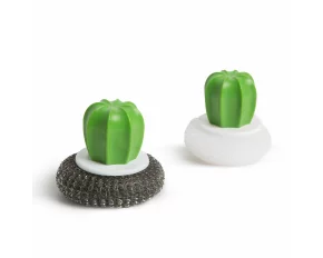 Set burete de spalat vase din fibre de otel/plastic - 2 buc. - model cactus - 8.5 x 8 cm