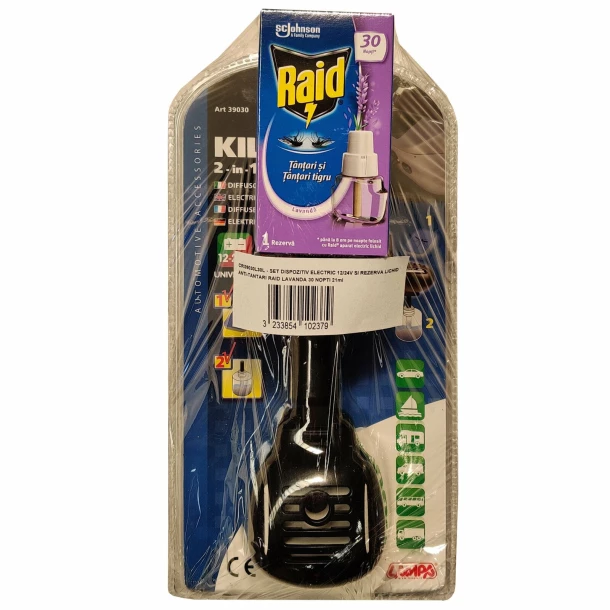 Set of electric device 12/24V and Raid mosquito repellent liquid spare bottle, Lavender, 30 nights, 21ml