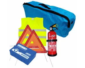 First aid package for car, extinguisher, first aid kit PET, 2pcs warning triangle, warning waistcoat, trunk organizer Blue