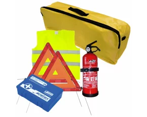 First aid package for car, extinguisher, first aid kit PET, 2pcs warning triangle, warning waistcoat, trunk organizer Yellow