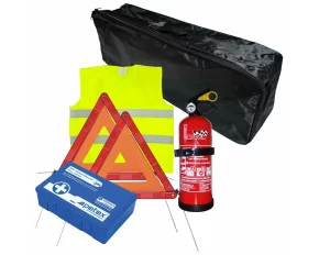 First aid package for car, extinguisher, first aid kit PET, 2pcs warning triangle, warning waistcoat, trunk organizer Black