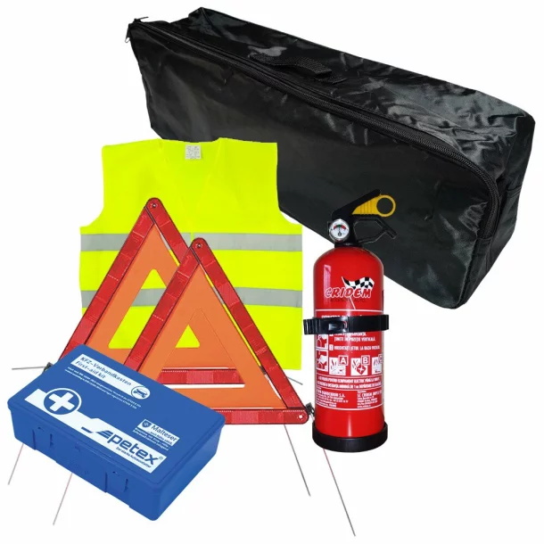 Set pachet prim ajutor auto, trusa sanitara PET, stingator 1kg Cridem, triunghi presemnalizare 2buc, vesta reflectorizanta, geanta organizatoare Negru