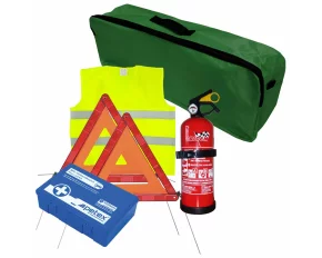 First aid package for car, extinguisher, first aid kit PET, 2pcs warning triangle, warning waistcoat, trunk organizer Green