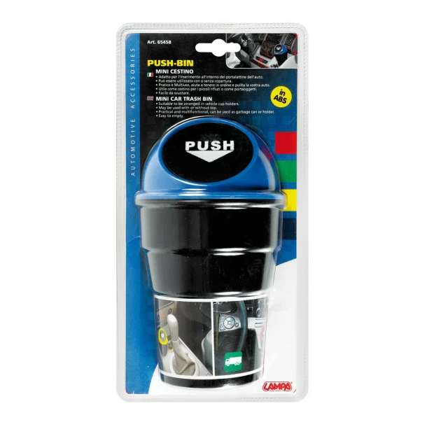 Suport tip cos gunoi mini pentru bord auto Push-Bin Lampa - Albastru/Negru